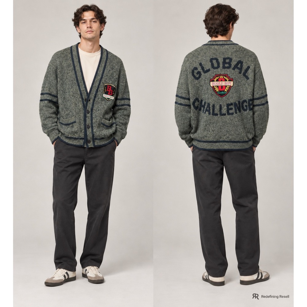 Vintage Bugle Boy Global Challenge Cardigan Sweater Green Navy Marled Mens XL